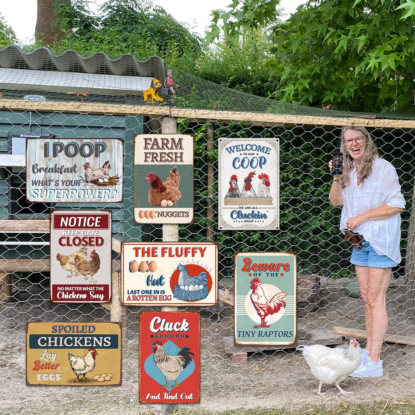 Yoyuspy Funny Chicken Coop Decor, 8PCS Metal Chicken Coop Signs Accessories Outdoor, Farm House Personalized Gifts for Yard Fence Decor 12x8 Inches
