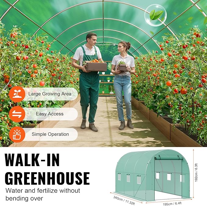VEVOR Walk-in Tunnel Greenhouse, 11.3x6.4x6.3 ft Hoop House Greenhouse Tunnel, Plant Hot House with Galvanized Steel Frame, Green PE Cover, Roll-up Zipper Door and 6 Windows for Outdoor