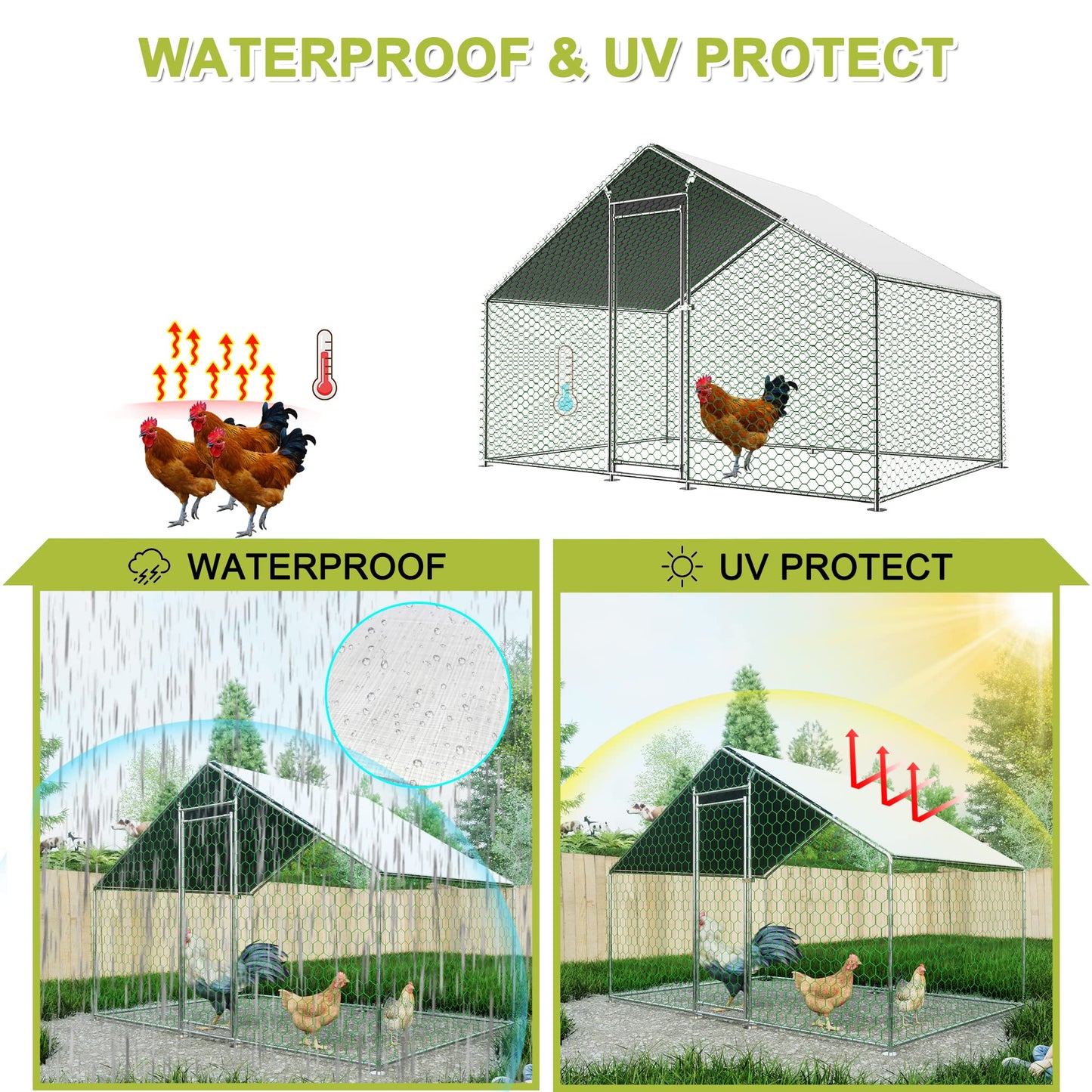 Outdoor Metal Chicken Coop Cover with 44 pcs Ball Bungee Cords, for Large Walk-in Chicken Run Pen, Waterproof, Fence Chicken Cages Cover, 11.38'Lx6.33'W (Only Cover, Frame Not Included) 2 Pack