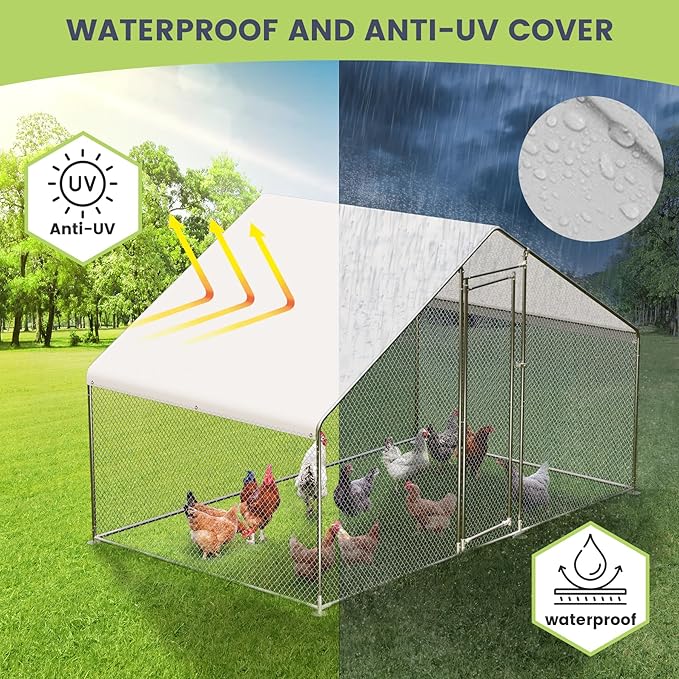 Large Metal Chicken Coop, Large Chicken Pen, Chicken Runs for Yard with Waterproof and Anti-UV Cover, Duck Rabbit House Outdoor (9.8'L x 6.5'W x 6.5'H)