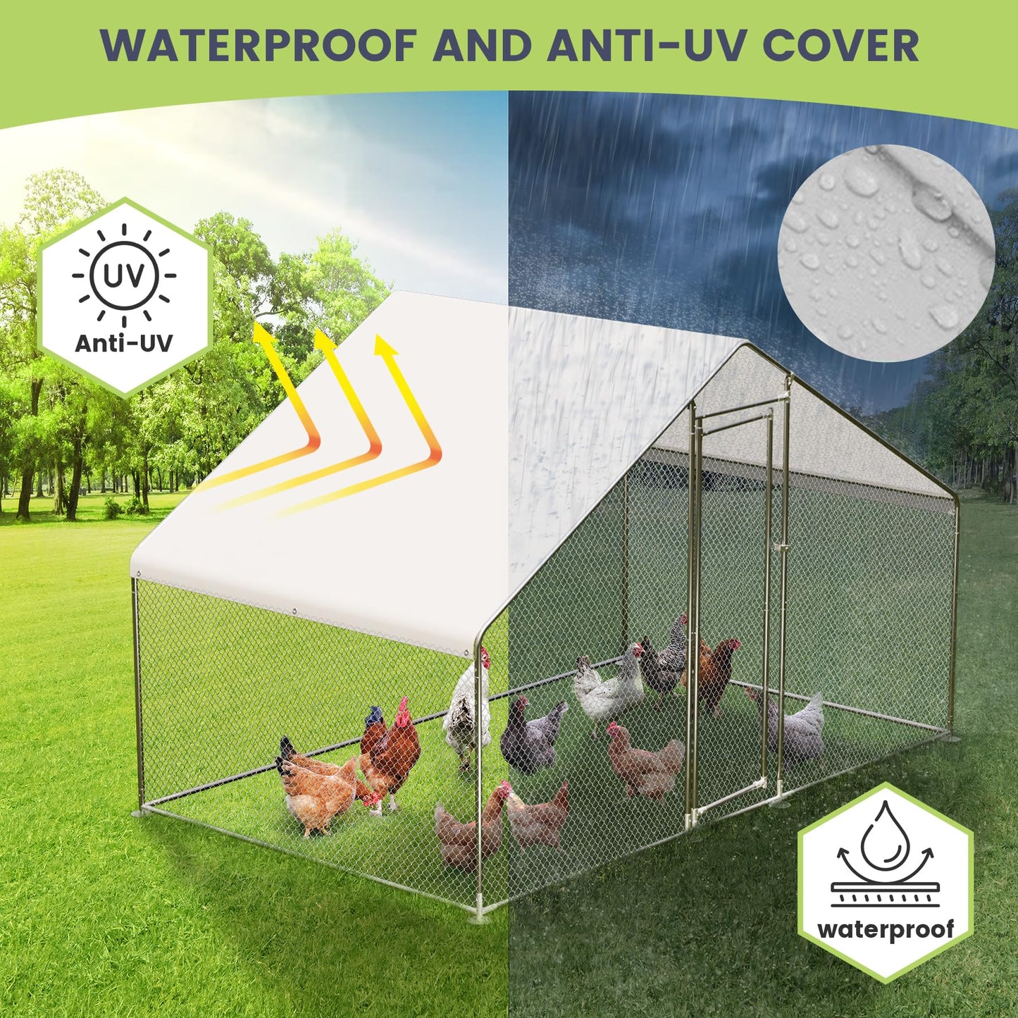 GarveeLife Large Metal Chicken Coop, Large Chicken Run with Waterproof & Anti-UV Cover, Outdoor Chicken Pen for Farm Yard (9.8' L x 6.6' W x 6.6' H)