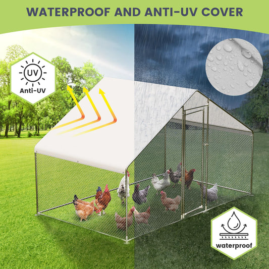 GarveeLife Large Metal Chicken Coop, Large Chicken Run with Waterproof & Anti-UV Cover, Outdoor Chicken Pen for Farm Yard (9.8' L x 6.6' W x 6.6' H)