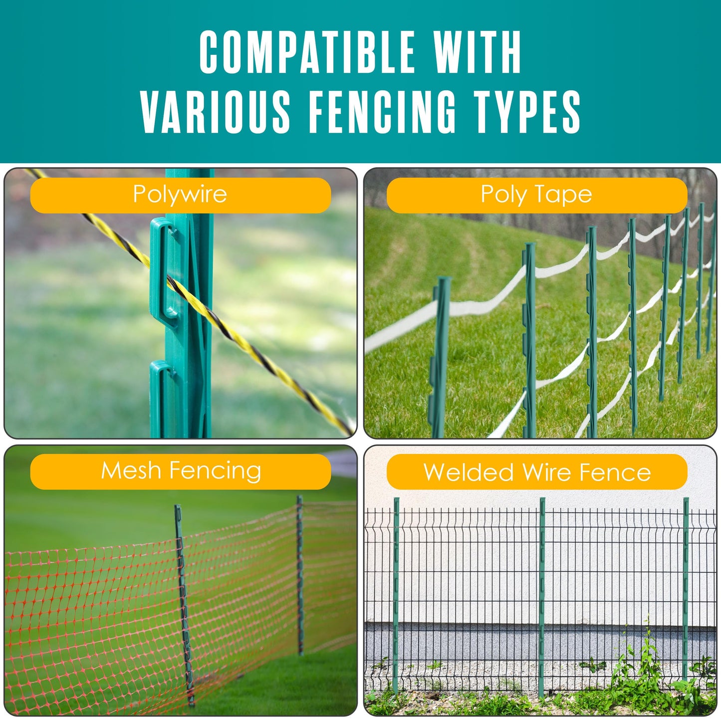 Houseables Electric Fence Posts, Step in Fence Post 4FT, Electric Fencing, Garden Stakes, Garden Poles, Kit for Wire, Deer, Livestock, Temporary, Fiberglass, Plastic, Green, Ground Rod, 4 Feet, 50 PK