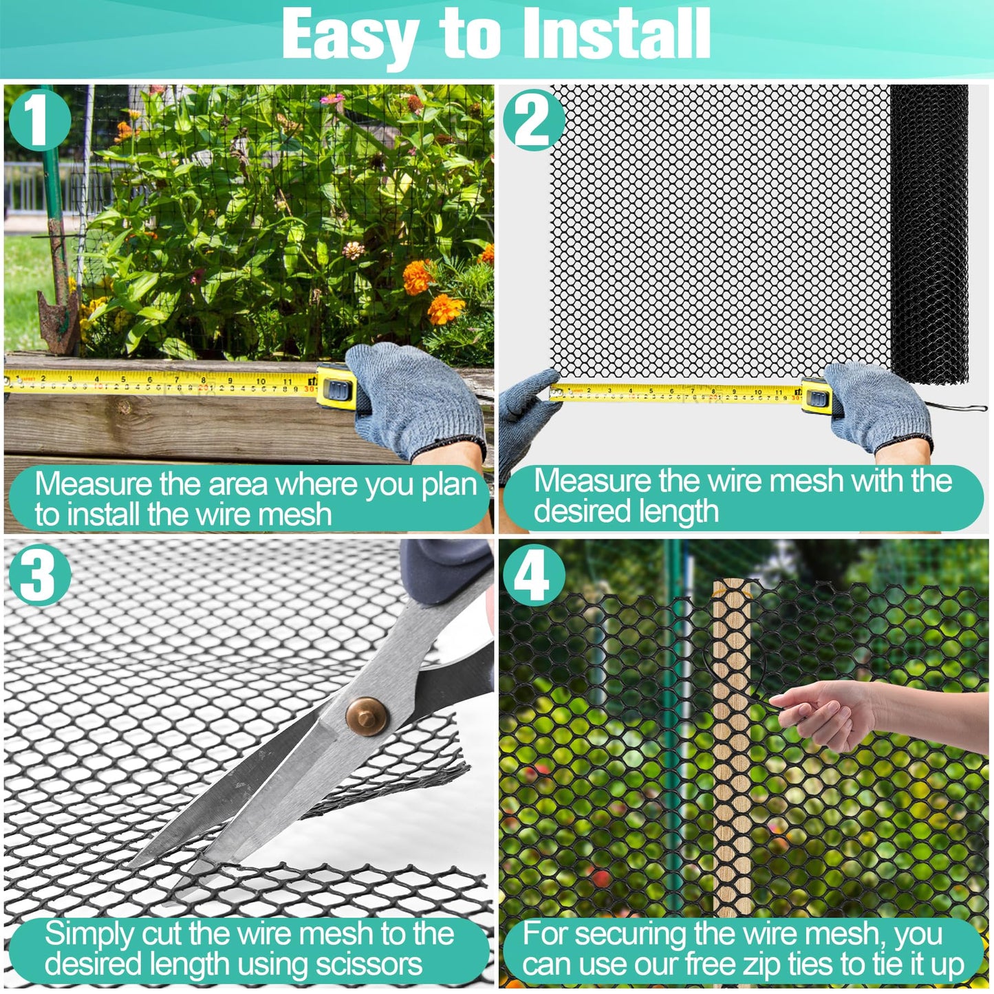Plastic Mesh Fence Sheet 15.7IN x 10FT - 0.3IN Opening Plastic Chicken Wire Netting Roll Durable for Dogs, Poultry, Puppy, Garden Snake Barrier with 50 Pcs Zip Ties - Black
