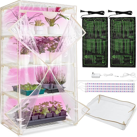 Carpathen Indoor Greenhouse with Grow Lights - 4 Tiers 27.2"L x 19.3"W x 54"H with 2 Dimmable 15W Full Spectrum LED Light Strips and Spectrum Control and Heat Mat - Mini Greenhouse with Zip PVC Cover