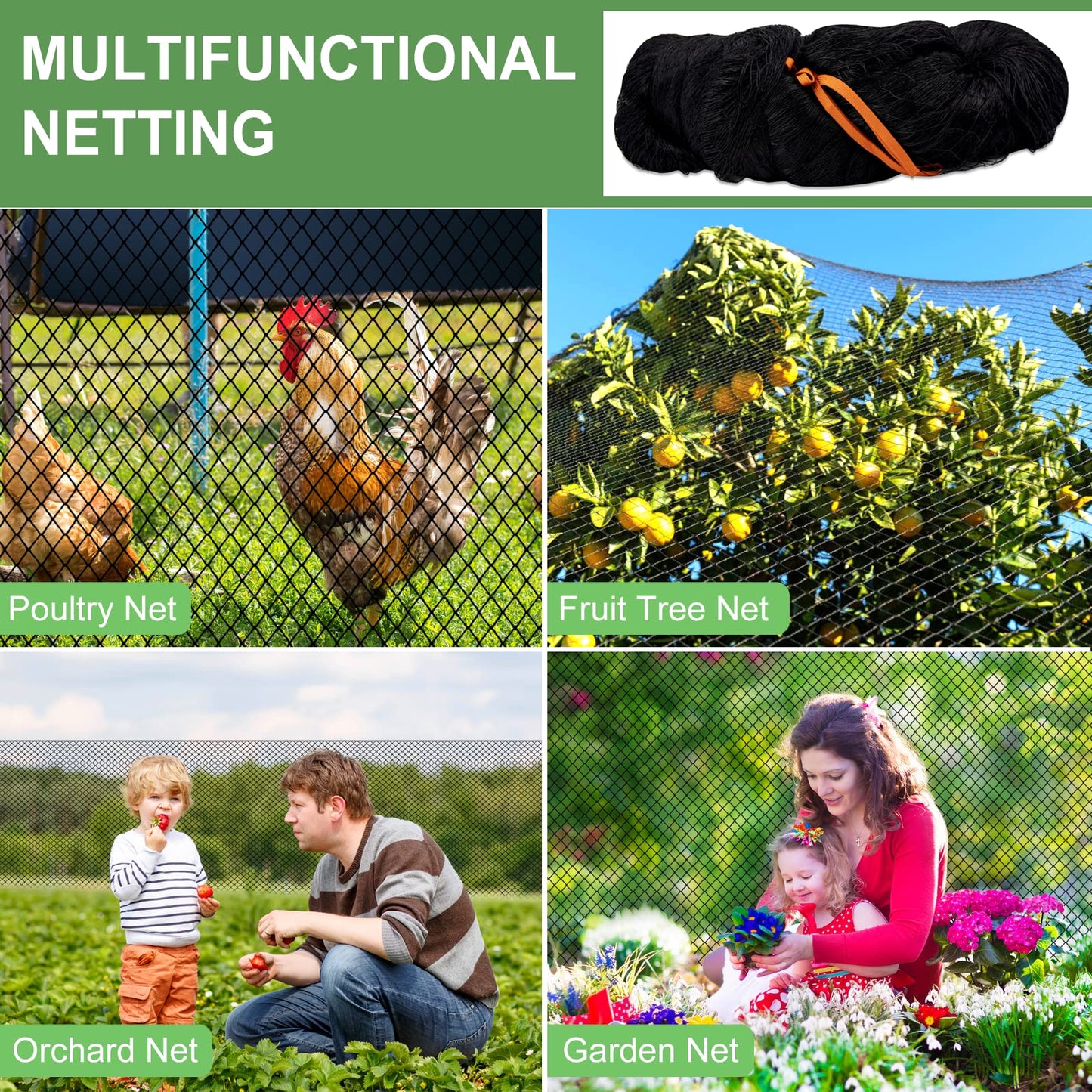 Bird Netting - 100’ x 100’ Poultry Netting with 1” Square Mesh for Chicken Coop, Bird Netting for Garden Protection, Heavy Duty Nylon Garden Mesh Netting for Fruit Tree Against Aviary, Deer, Squirrel
