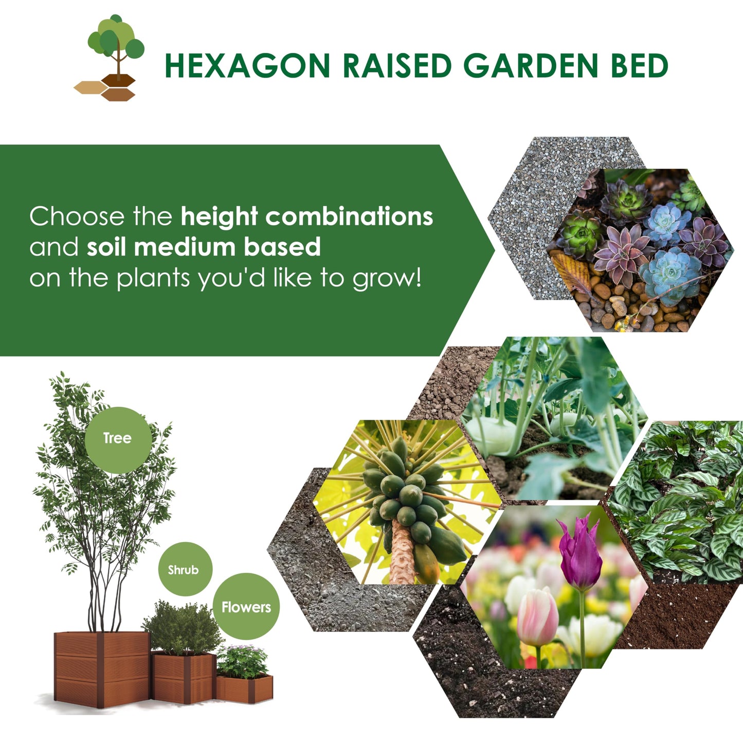 Aluco Wood Hexagon WPC Raised Garden Bed, Expandable Modular Planter for Vegetables, Flowers, Herbs and shrubs with Protective Liner, Easy Assembly