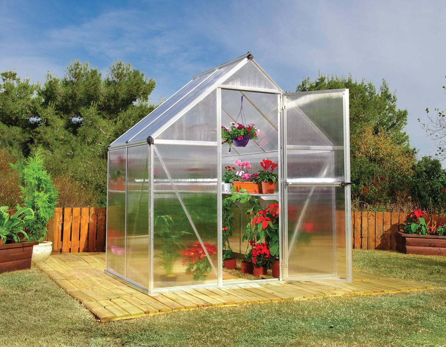 Canopia 6x4 Greenhouse Kit, Hobby Walk-In Twin-Wall UV Polycarbonate Heavy Duty Aluminum Frame, Lockable Door, Adjustable Roof Vent, Rain Gutters, Galvanized Steel Base, Canopia Mythos (Silver)