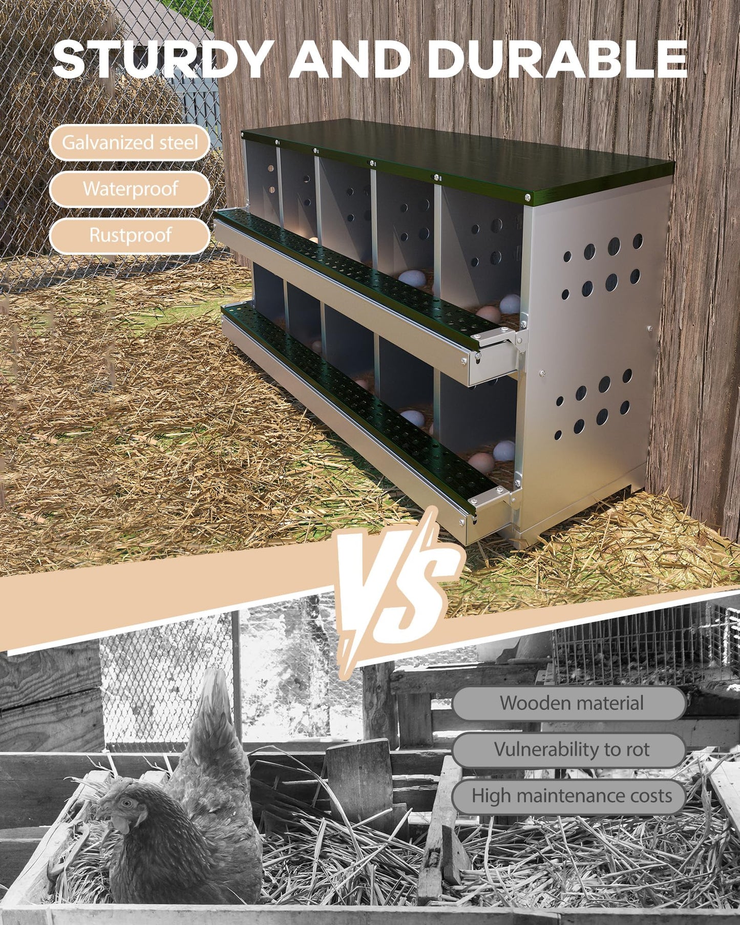 GarveeLife Wall-mountable Roll Away Metal Chicken Nesting Box for Laying Eggs, Rustproof Chicken Laying Boxes for Hens, Ventilated with Perch, Waterproof, 10 Compartments, Green