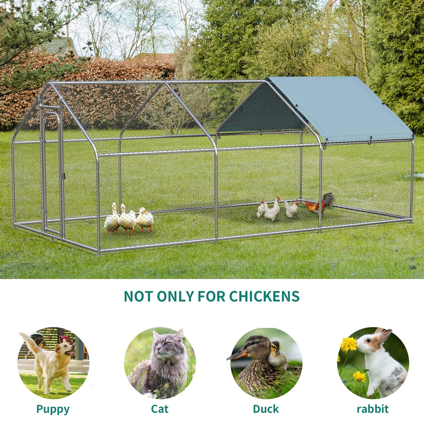 DWVO Large Metal Chicken Coop with Top Cover, 19.7'Lx9.8'Wx6.4'H Walk-in Poultry Cage Hen Run House Duck House Rabbits Cage Spire Shaped Coop for Outdoor Back Yard Farm Use