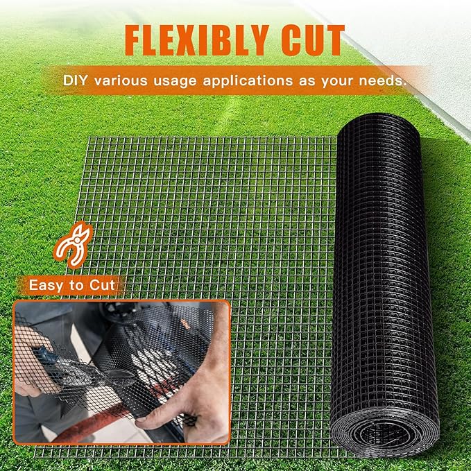 36" x 50' 1/4inch PVC Hardware Cloth Vinyl Coated Chicken Wire Fence Galvanized Welded Mesh Roll for Home Garden Rabbit Cage, Black