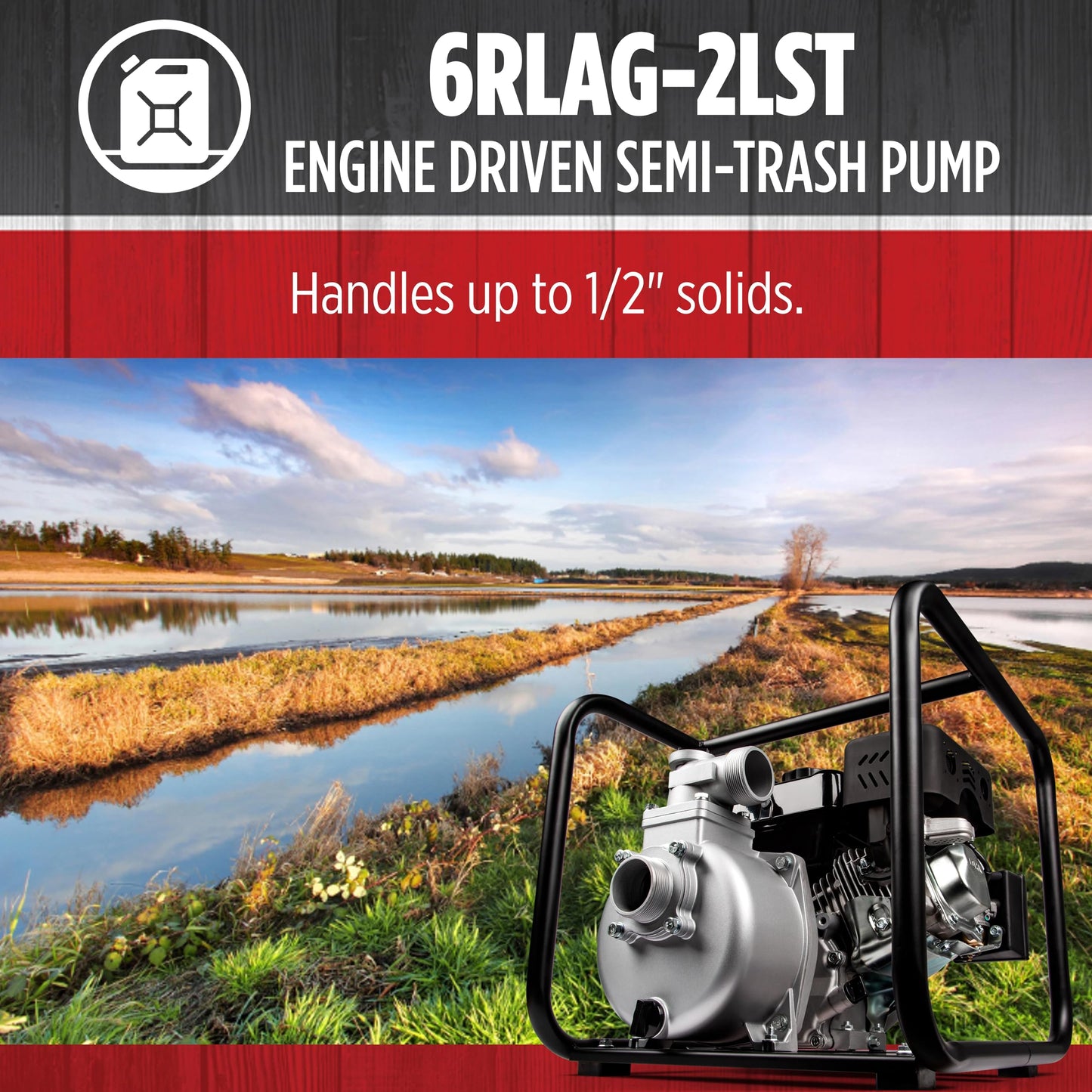 Red Lion 6RLAG-2LST 208cc, 150 GPM OHV Engine Driven Aluminum Semi-Trash Pump, 2-inch MNPT suction and discharge, Black, 617034
