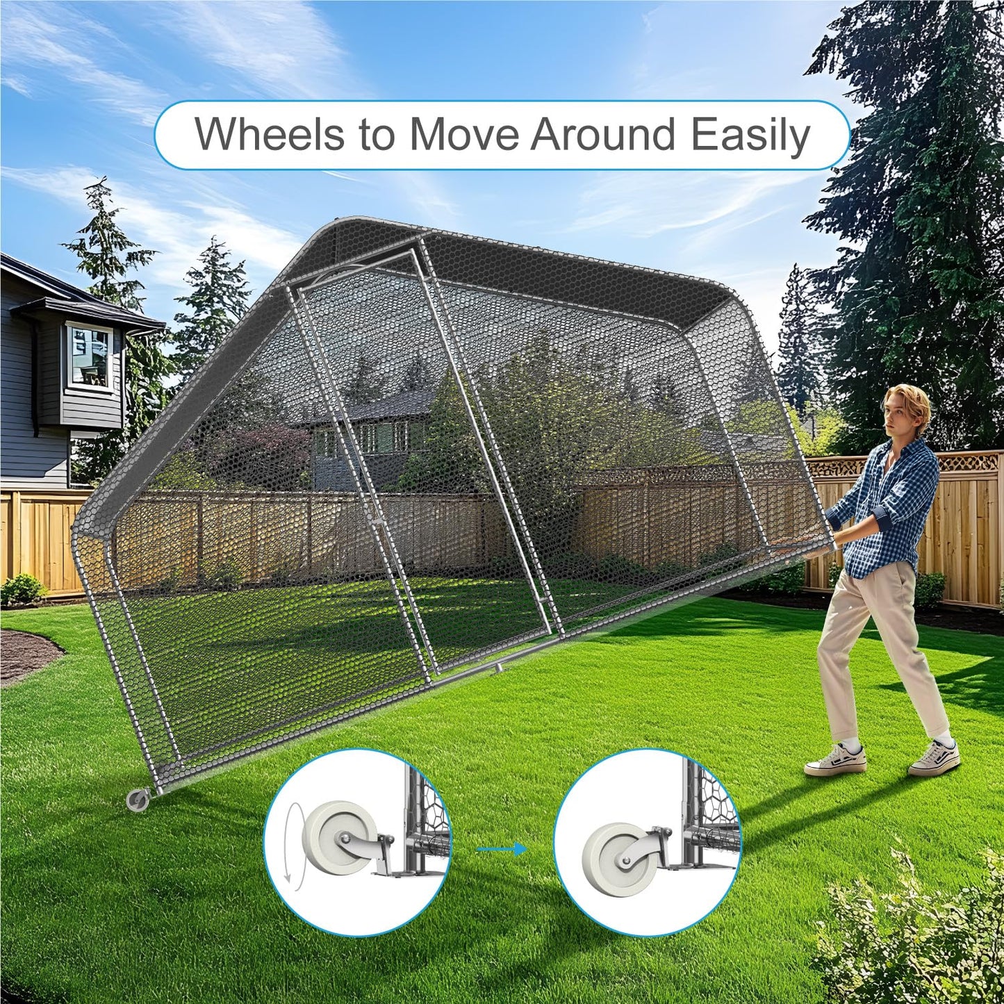 PETS TUFF Chicken Chalet - Chicken Coop for Chickens, Ducks, Rabbits & More - Predator-Resistant, Strong Wire with Mesh Bottom - Wheels for Easy Moving - Wind & Snow Durable Chicken Pen - 124”x81”x79”