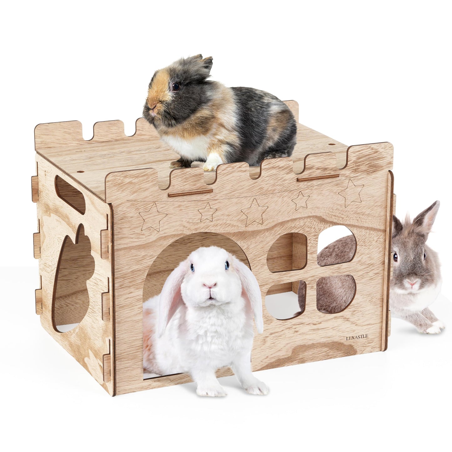 LEXASTLE Larger Bunny Castle Sturdy Walnut Color Wooden Rabbit Hideout for Bunnies Guniea Pigs Ferrets Chinchillas Hamsters