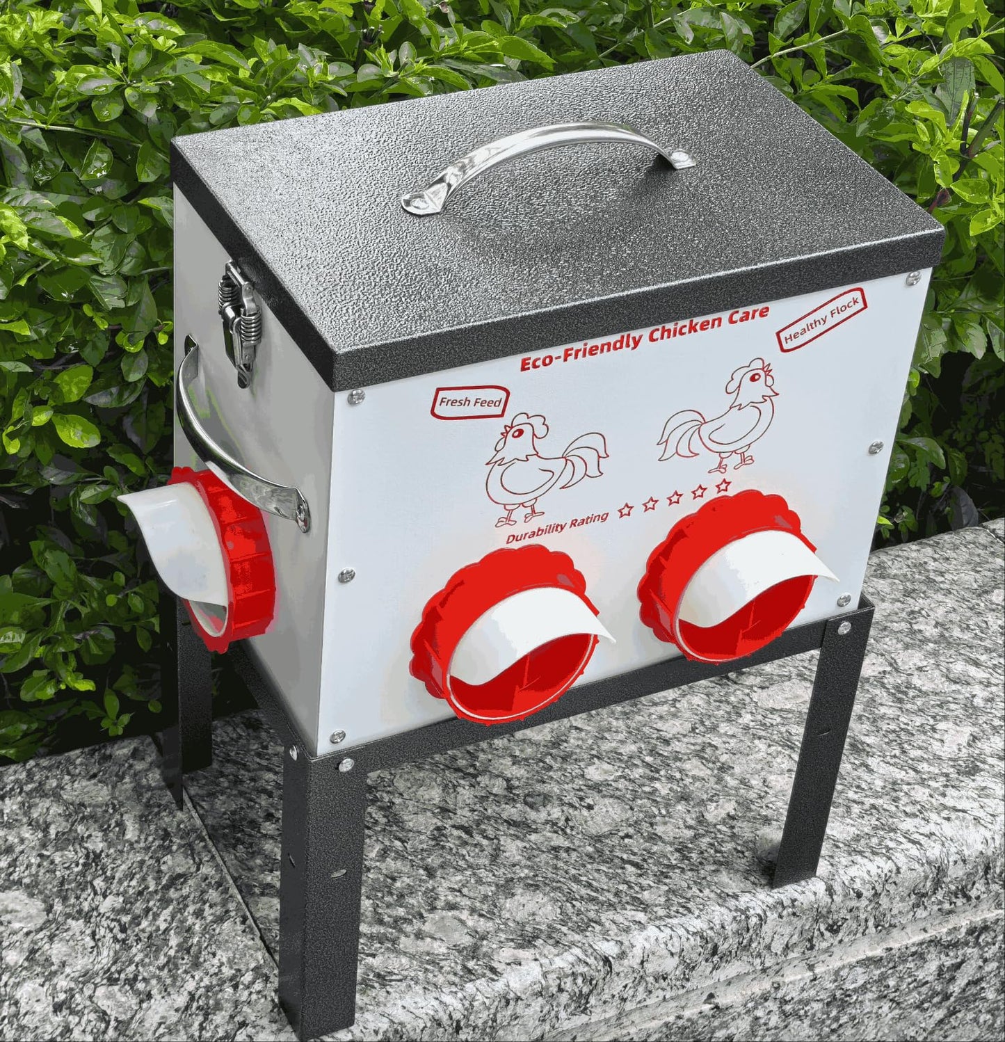 Automatic Chicken Feeder No Waste 45 Pounds 8 Ports Metal Poultry Feeder with Latch & Handle Adjustable Height Heavy-Duty Stand - Outdoor Feeding Station for Chickens, Ducks & Geese