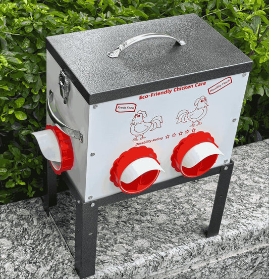 Automatic Chicken Feeder No Waste 45 Pounds 8 Ports Metal Poultry Feeder with Latch & Handle Adjustable Height Heavy-Duty Stand - Outdoor Feeding Station for Chickens, Ducks & Geese