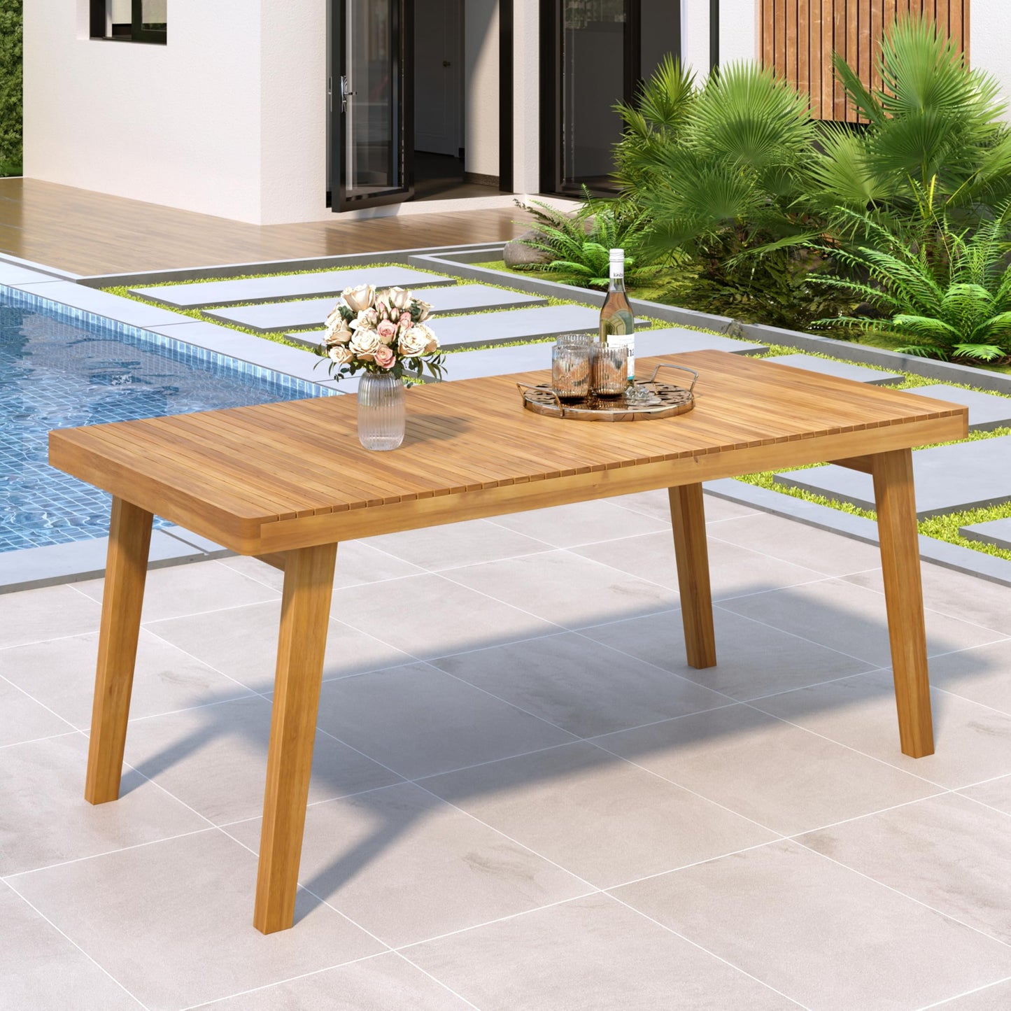 Christopher Knight Home Hobson Acacia Wood Outdoor Dining Table for 6, Wooden Patio Farmhouse Dining Table, Rectangle Slatted Top for Outdoor Gatherings, Natural Finish