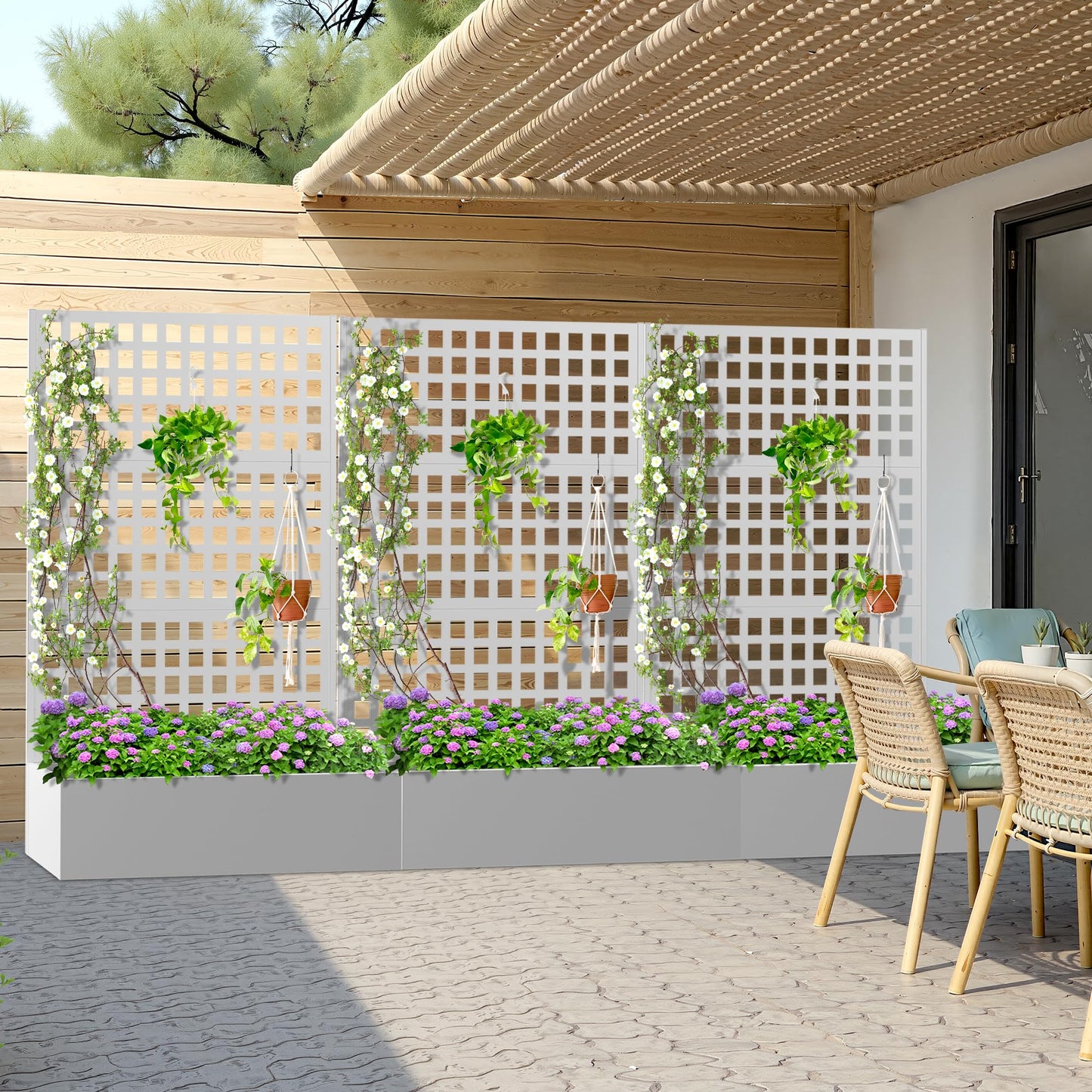 TOAOTBNBO Metal Planter Box with Trellis, Heavy-Duty Raised Garden Bed for Climbing Plants, Drainage Hole, Outdoor Planter Box with Privacy Screen，47''L×16''W×71''H