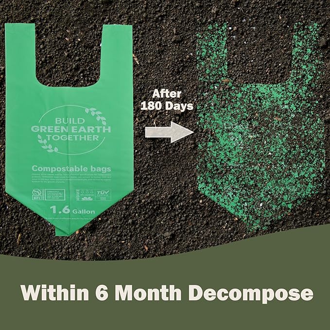 Compost Handle Bags 1.6 Gallon 6Liter Extra Thick 0.6 Mils Compostable Food Scrap Waste Bags with US BPI ASTM D6400 and Europe OK Compost Home Certified Pink 80 Couts
