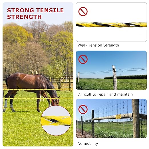 Electric Fence Braided Polyrope 1312 Feet, Portable 6 Braided Copper and stainlee Steel Strength 200kg,4mm Diameter, Reliable Conductivity and Rust Resistance, Electric Fence Wire for Horse Fencing