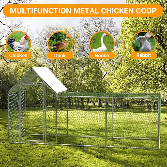 Large Metal Chicken Coop, Chicken Run with Cover, Walk-in Poultry Cage for Yard Outdoor Duck Rabbit Cage