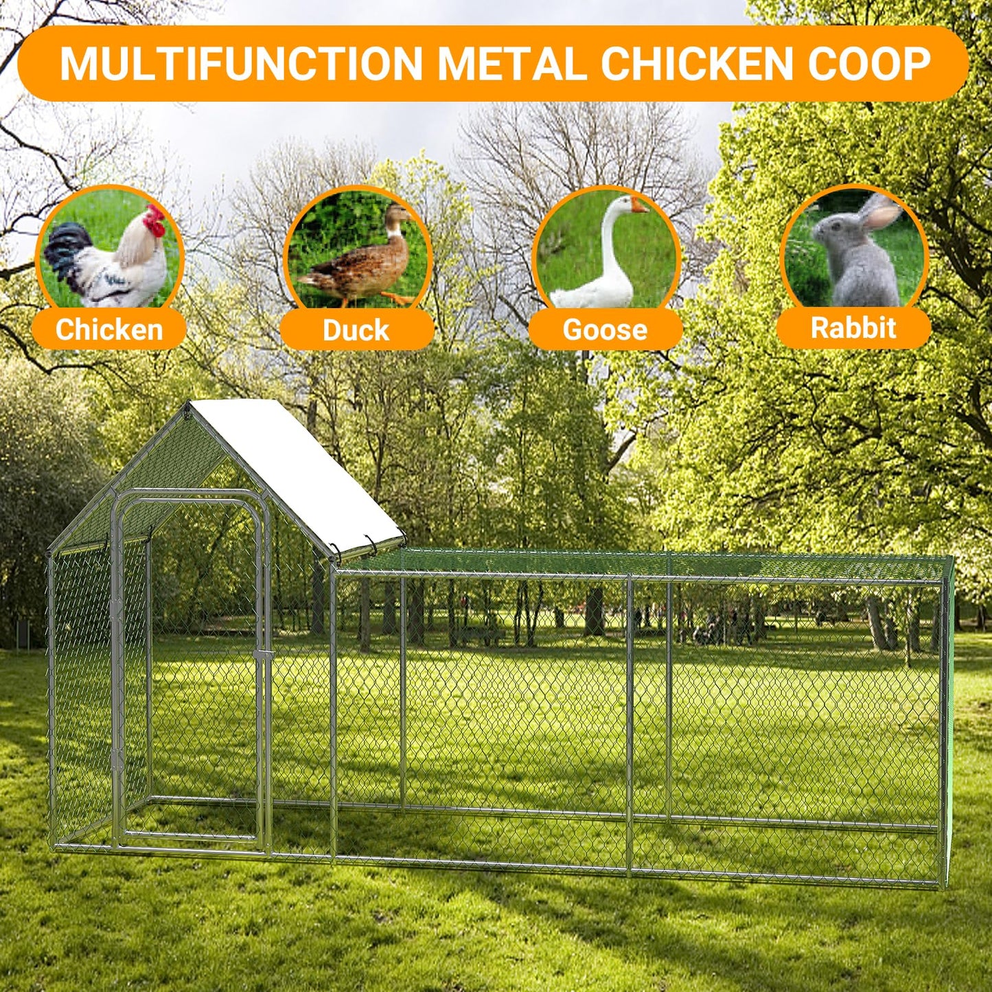 Large Metal Chicken Coop, Chicken Run with Cover, Walk-in Poultry Cage for Yard Outdoor Duck Rabbit Cage