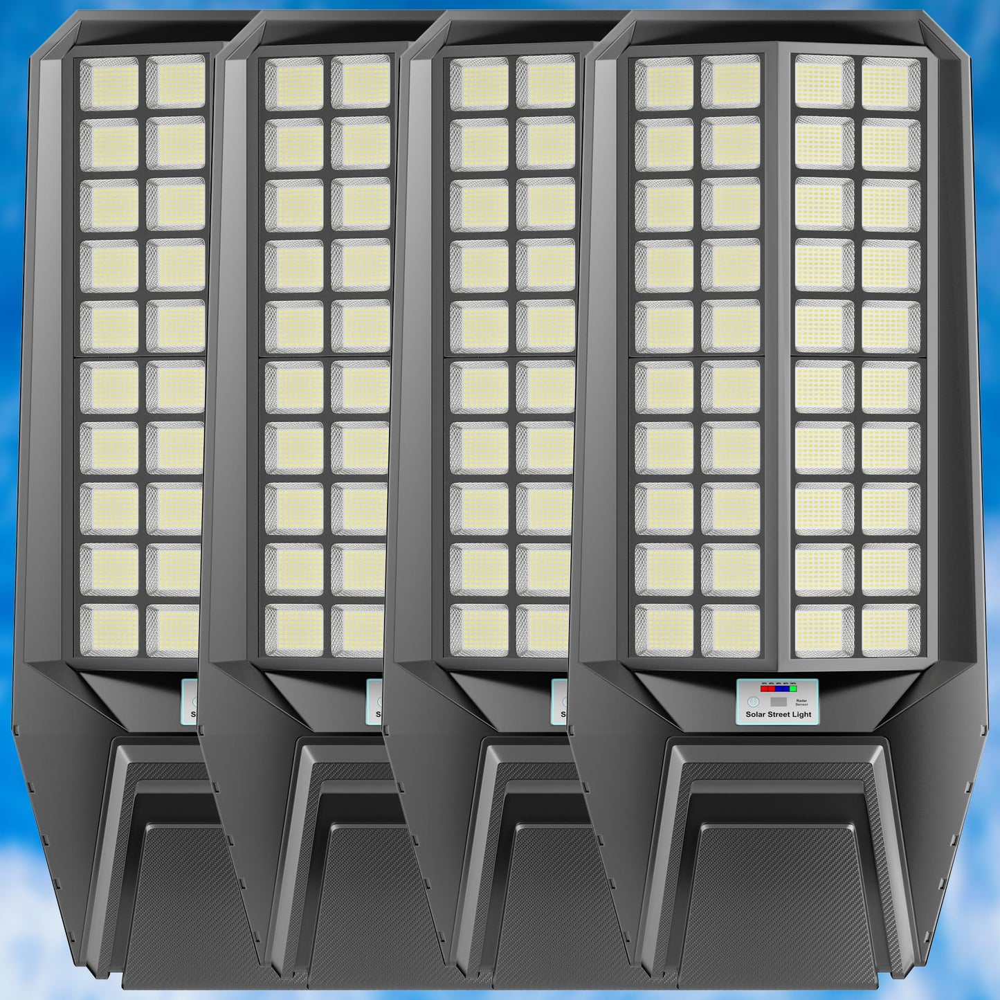 loyoele Utral-Large Solar Street Light 4 Pack，Solar Flood Lights Outdoor,Waterproof Motion Sensor LED Lights,Dusk to Dawn Lights with Remote, Solar-Powered Parking Lot Light,Commercial Area Lighting