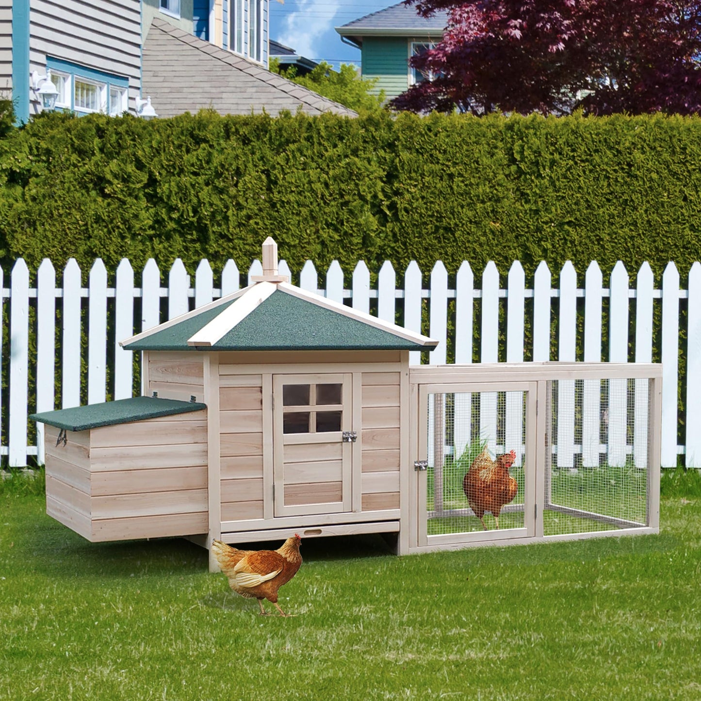 PawHut 77" Wooden Chicken Coop with Nesting Box, Cute Outdoor Hen House with Removable Tray, Ramp Run, for Garden Backyard, Natural