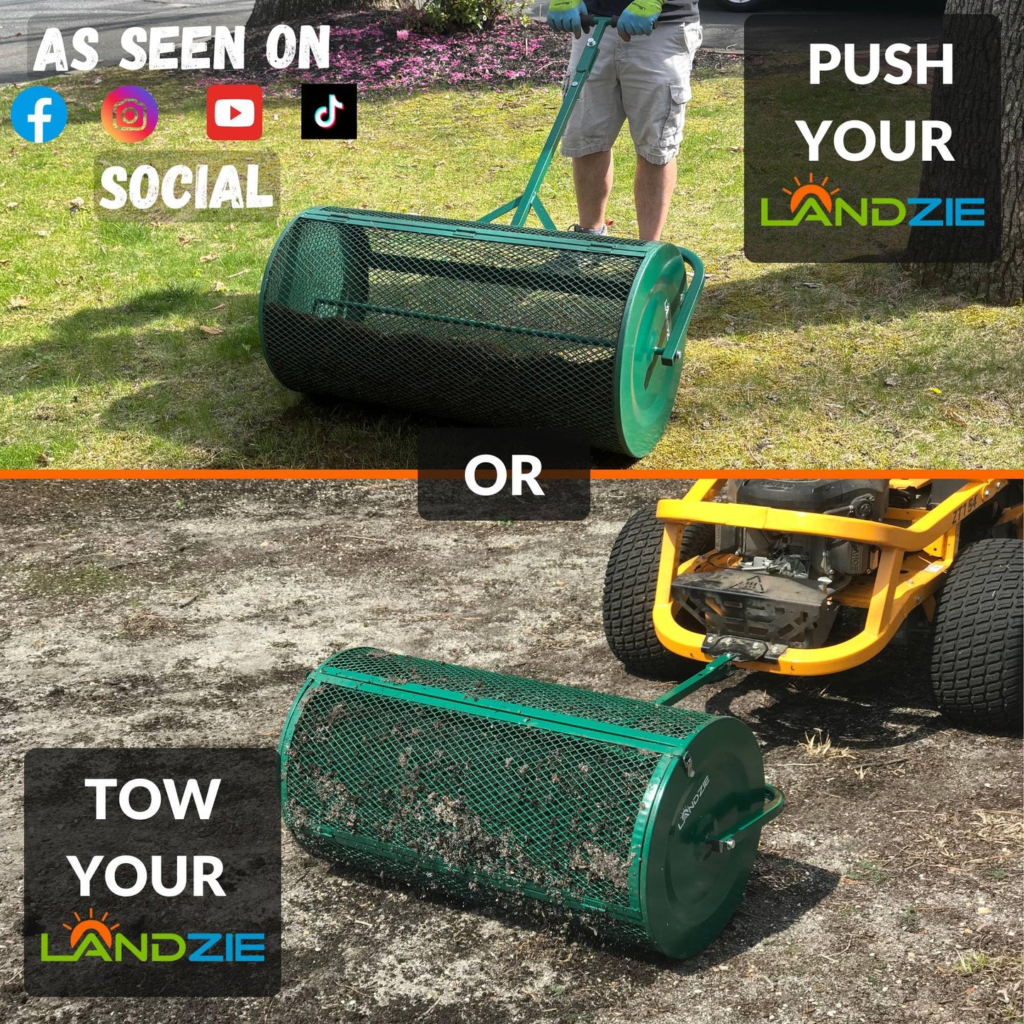 LANDZIE Lawn & Garden Spreaders - 36 Inch Heavy Duty Metal Mesh Basket Push/Tow Spreader - Compost, Peat Moss, Top Soil, Mulch - Durable Lightweight Multi-Purpose Yard Care Equipment - Manure Spreader