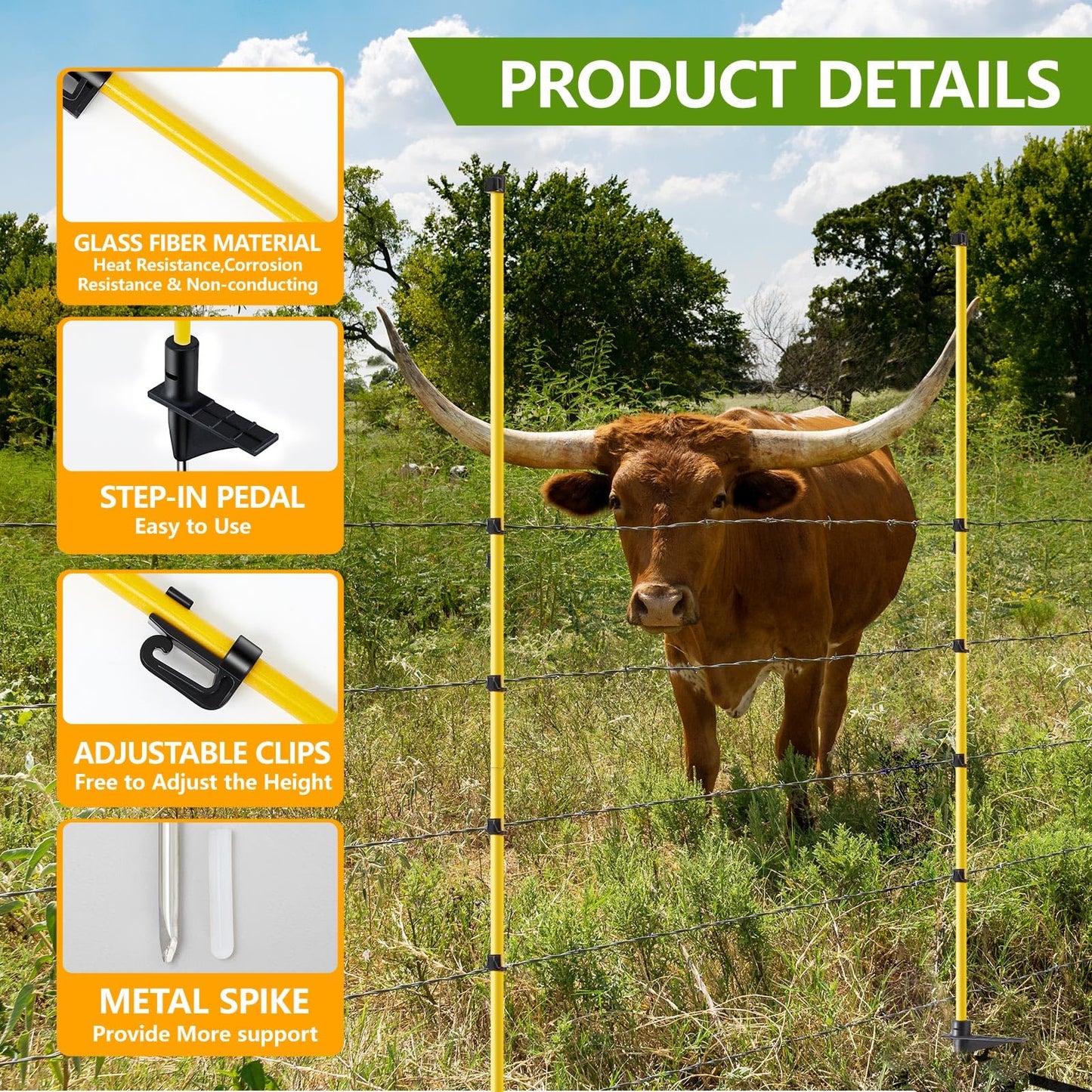 Maasechs 80 Inches Electric Fence Posts Fiberglass Step-in 20 Pack, Temporary Fence Stakes with Adjustable Clips for Livestock, Garden, Farm Protection