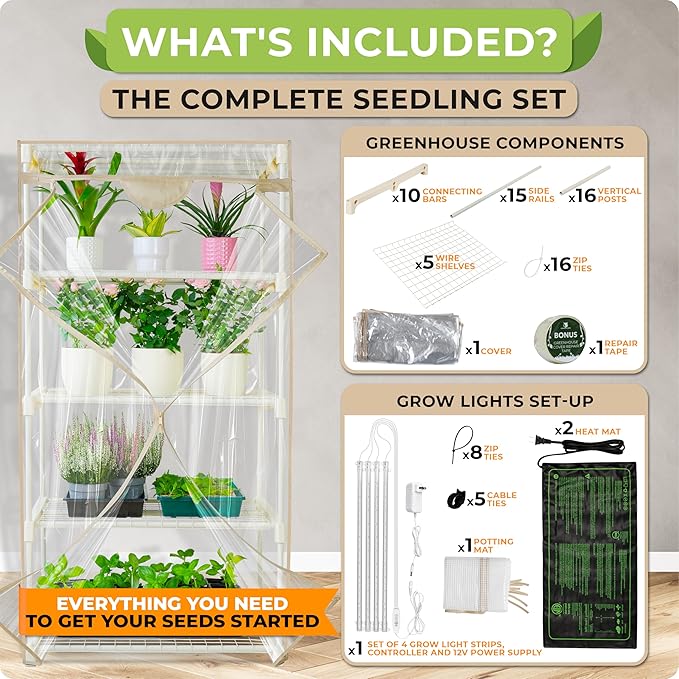 Carpathen Indoor Greenhouse with Grow Lights - 4 Tiers 27.2"L x 19.3"W x 54"H with 2 Dimmable 15W Full Spectrum LED Light Strips and Spectrum Control and Heat Mat - Mini Greenhouse with Zip PVC Cover