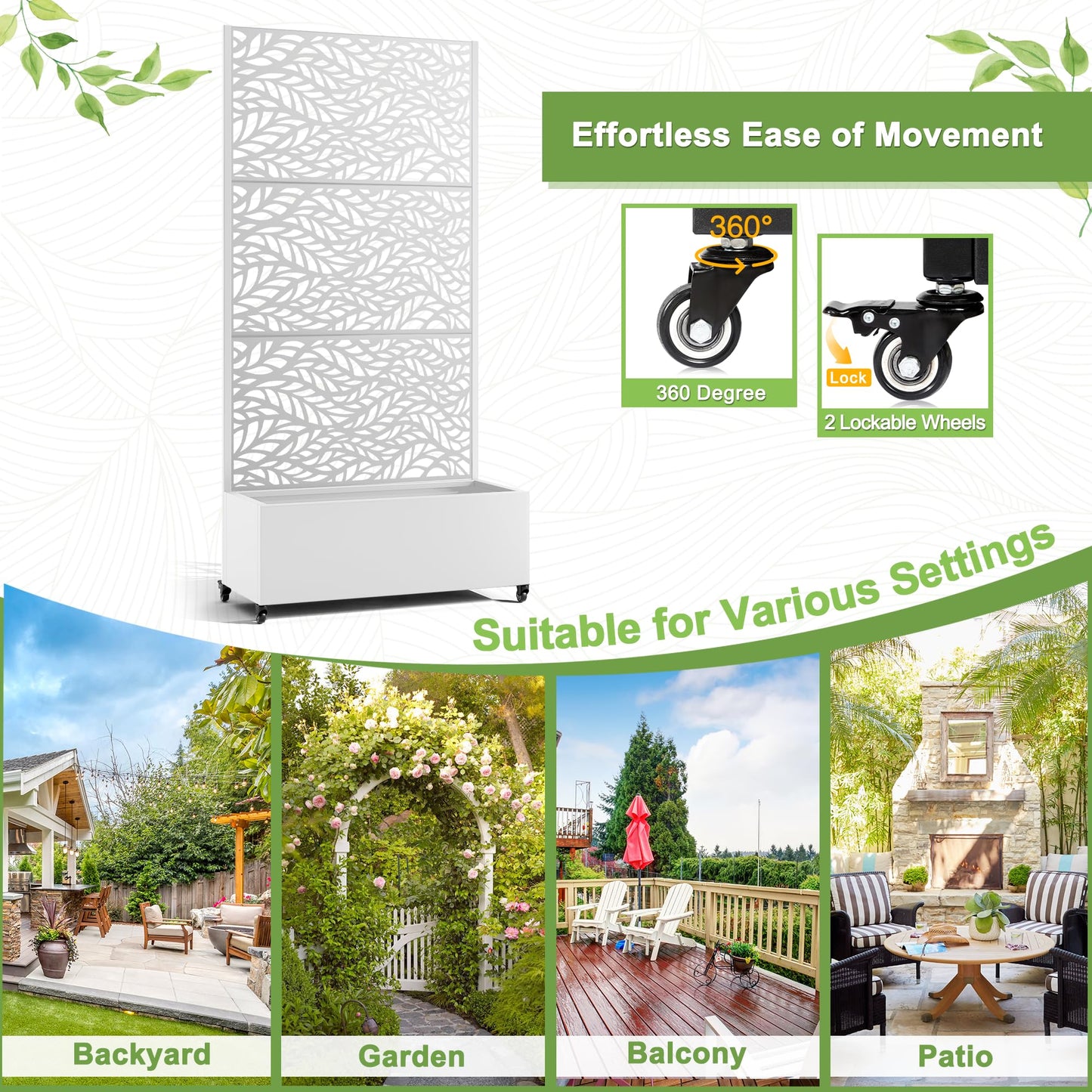 FENCY Metal Raised Garden Bed with Wheels and Trellis,73"x35"x16" Planter Box for Climbing Plants, Vegetables & Vines, Features Privacy Screen and Drainage Holes (White-Leaf)