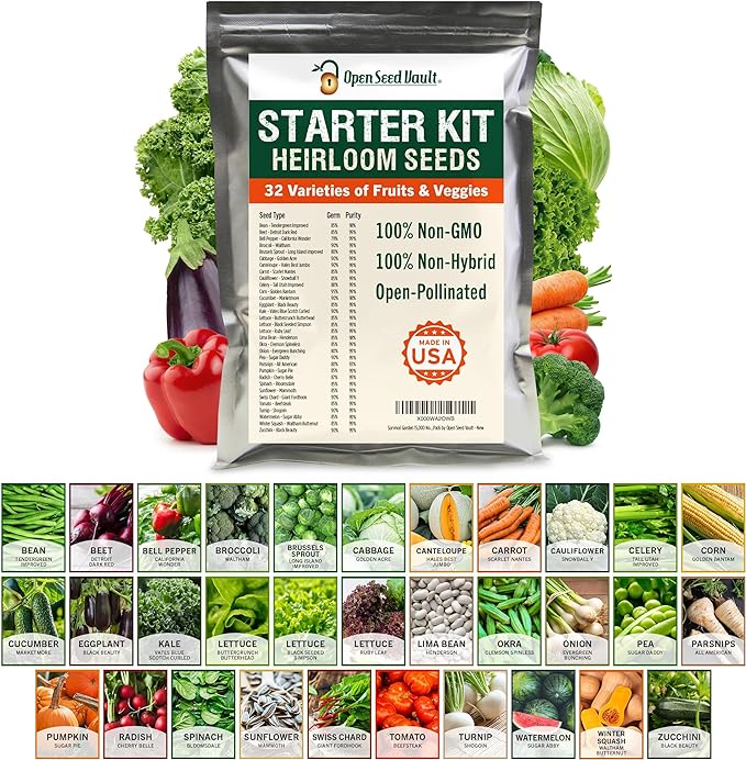 Open Seed Vault 15,000 Non GMO Heirloom Vegetable Seeds for Planting Vegetables and Fruits - 32 Variety Pack of Vegetable Seeds for Gardening, Survival Gear, Seed Vault Emergency Supplies Kit