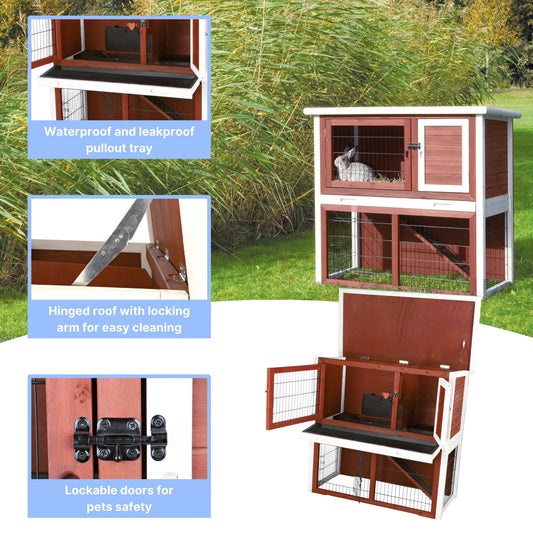 TRIXIE natura Outdoor Rabbit Hutch with Run - 2-Story Rabbit Cage with Non-Slip Ramp - Medium Elevated Small Animal House with Secure Playpen, Hinged Roof & Pull-Out Tray - in Auburn/White