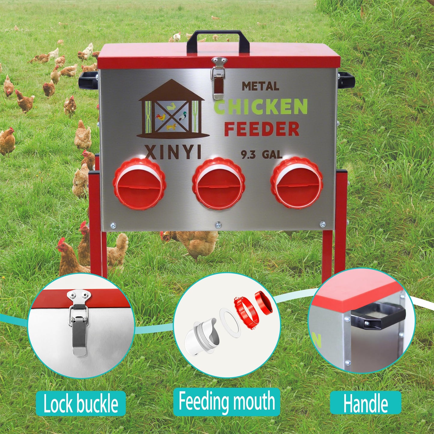 50 lb Automatic Chicken Feeder 6 Port, No Waste Poultry Pro Feeder with Legs, Rodent Proof Chicken Feeder, Weatherproof No Mess No Spill Galvanized Chicken Supplies 9.3 Gallon