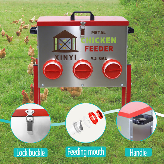 50 lb Automatic Chicken Feeder 6 Port, No Waste Poultry Pro Feeder with Legs, Rodent Proof Chicken Feeder, Weatherproof No Mess No Spill Galvanized Chicken Supplies 9.3 Gallon