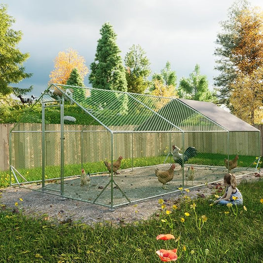 Large Chicken Coop,Metal Chicken Run for Yard with Door,Outdoor Galvanized Wire Poultry Chicken House with Waterproof and Anti-UV Cover,Duck Rabbit Cage (10' L x 20' W x 6.56' H)