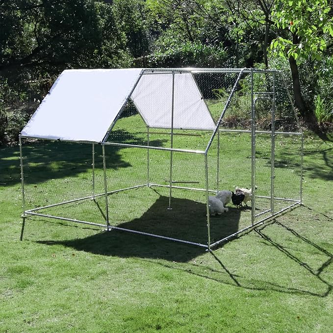Large Metal Chicken Coop Run with Climbing Frame, Outdoor Walk-in Poultry Cage Flat Top with Waterproof&Anti-UV Cover, for Outdoor Backyard Farm, Silver (118" L x 118" W x 78.7" H)