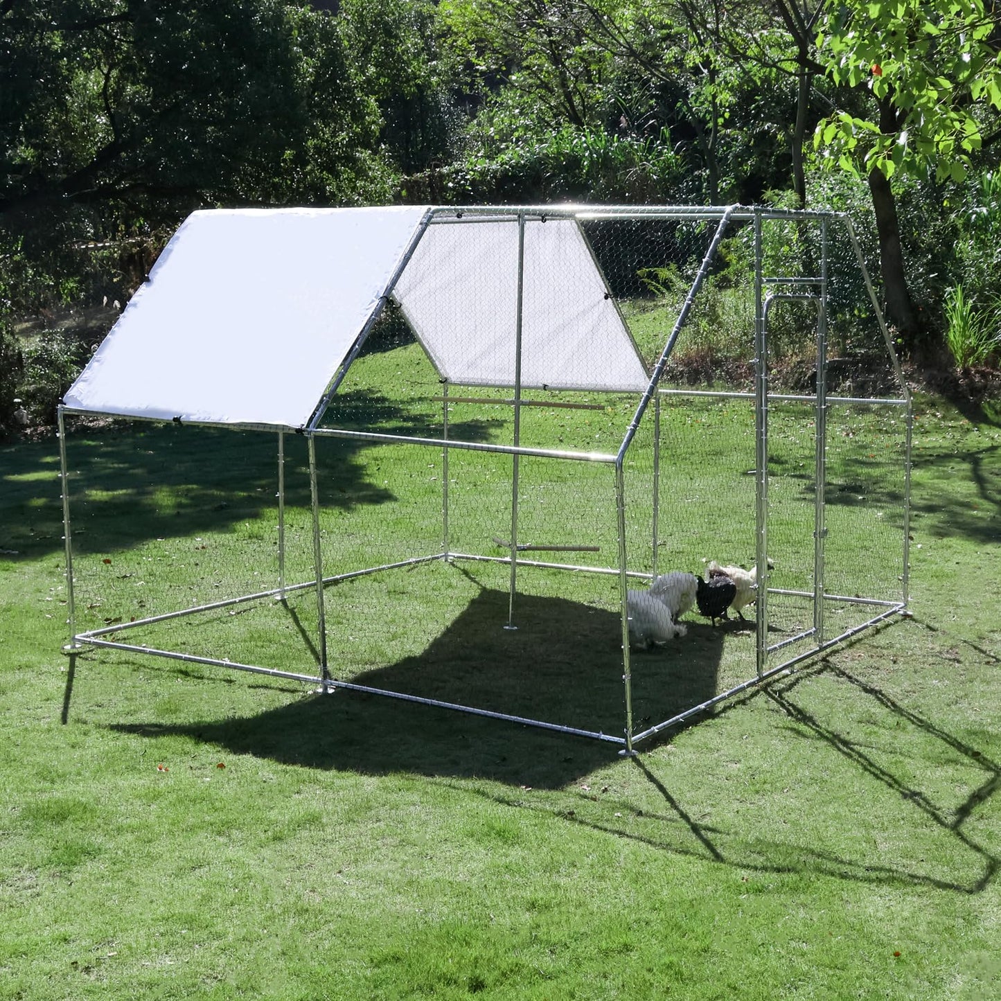 Large Metal Chicken Coop Run with Climbing Frame, Outdoor Walk-in Poultry Cage Flat Top with Waterproof&Anti-UV Cover, for Outdoor Backyard Farm, Silver (118" L x 118" W x 78.7" H)