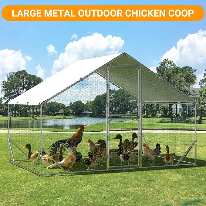 Chicken Runs for Yard with Cover, Large Metal Chicken Coop, 9.8x6.5x6.5FT Chicken Pen with Waterproof and Anti-UV Cover, Walk-in Poultry Cage for Yard Outdoor Duck Rabbit Cage