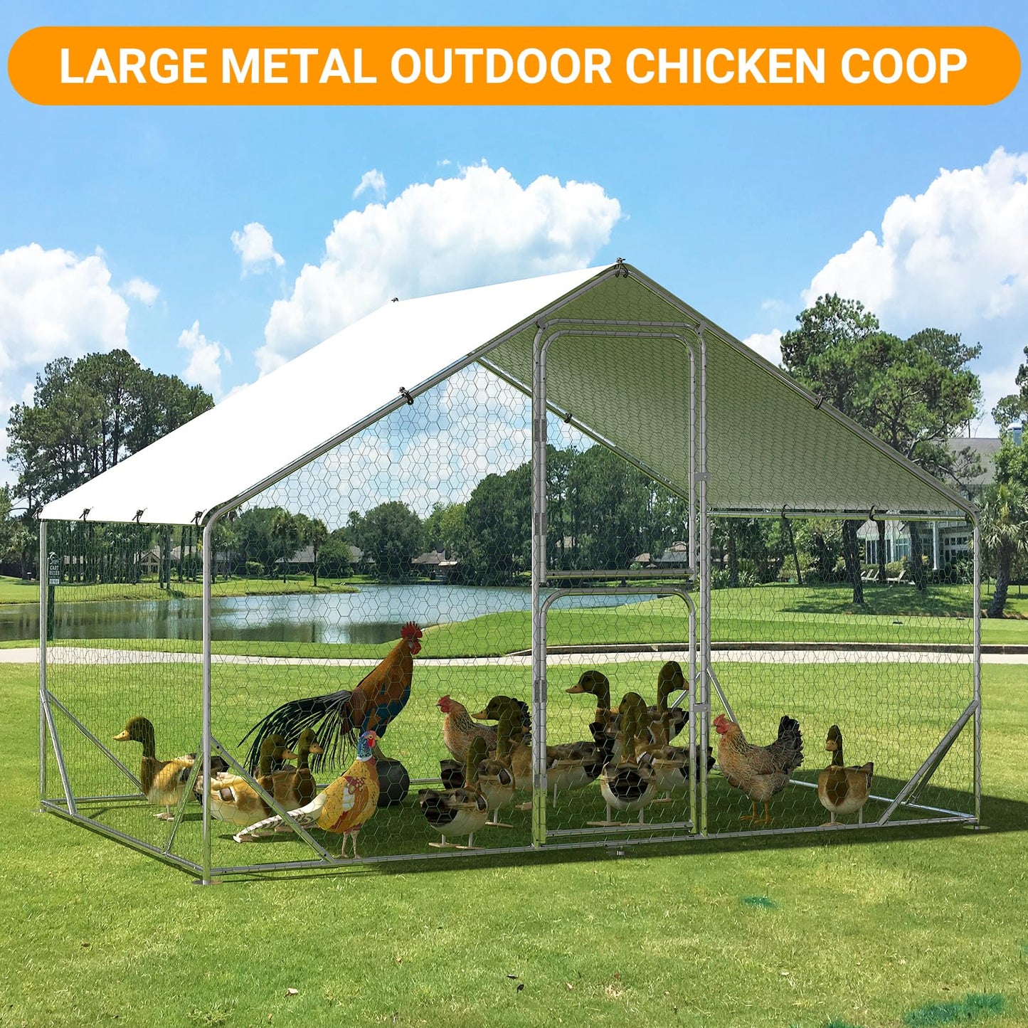 Chicken Runs for Yard with Cover, Large Metal Chicken Coop, 9.8x6.5x6.5FT Chicken Pen with Waterproof and Anti-UV Cover, Walk-in Poultry Cage for Yard Outdoor Duck Rabbit Cage