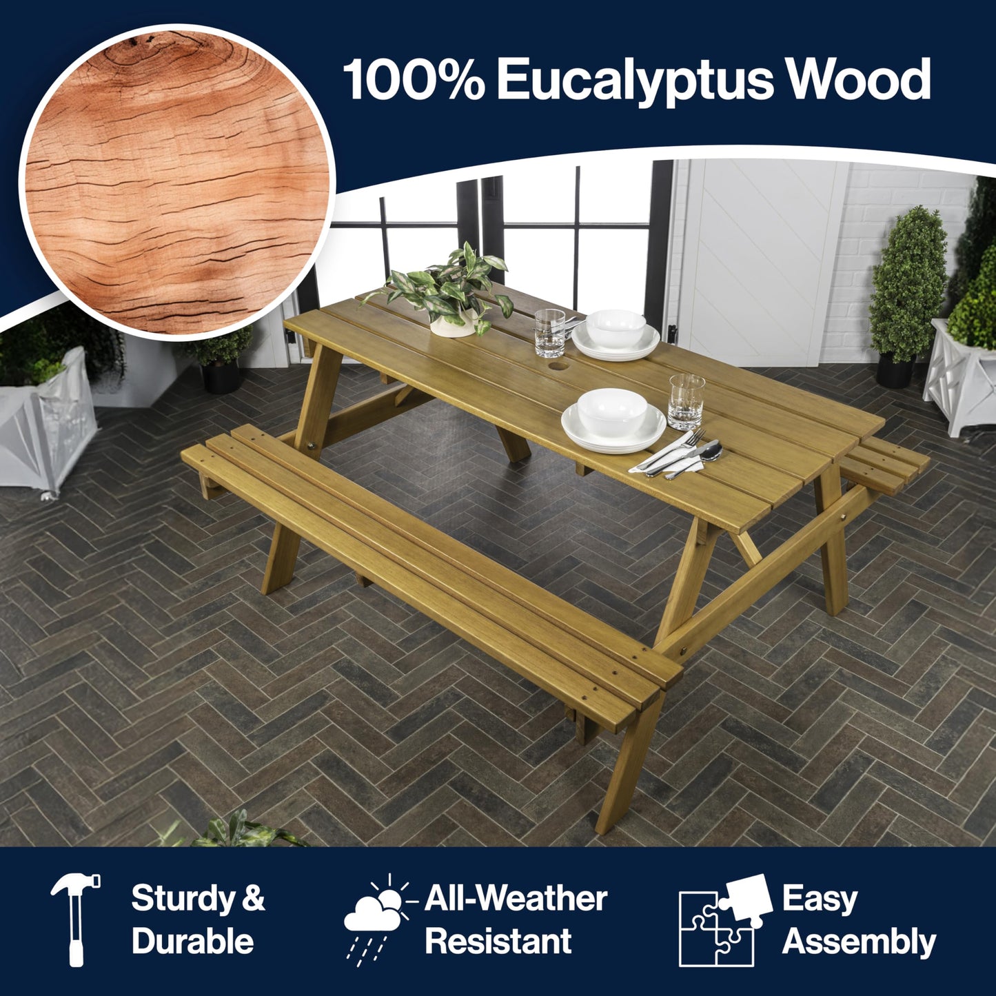 JONATHAN Y BNH200A Shoreham 59" Modern Classic Outdoor Wood Picnic Table Benches with Umbrella Hole Traditional, Coastal, Mid-Century, Vintage, Farmhouse, Teak Brown