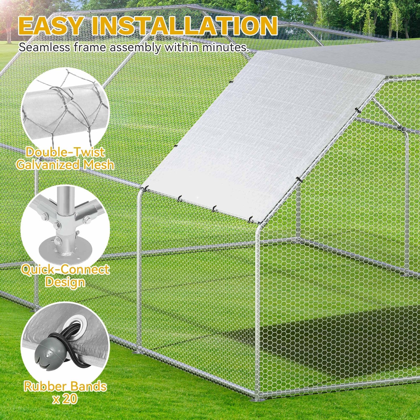 DWVO Large Metal Chicken Coop for 20-30 Chickens, 19.1 x 9.8 x 6.4 ft Walk-in Poultry Cage Chicken Run for Yard Outdoor with Waterproof and Anti-UV Cover Duck House Flat Roof Chicken Pen