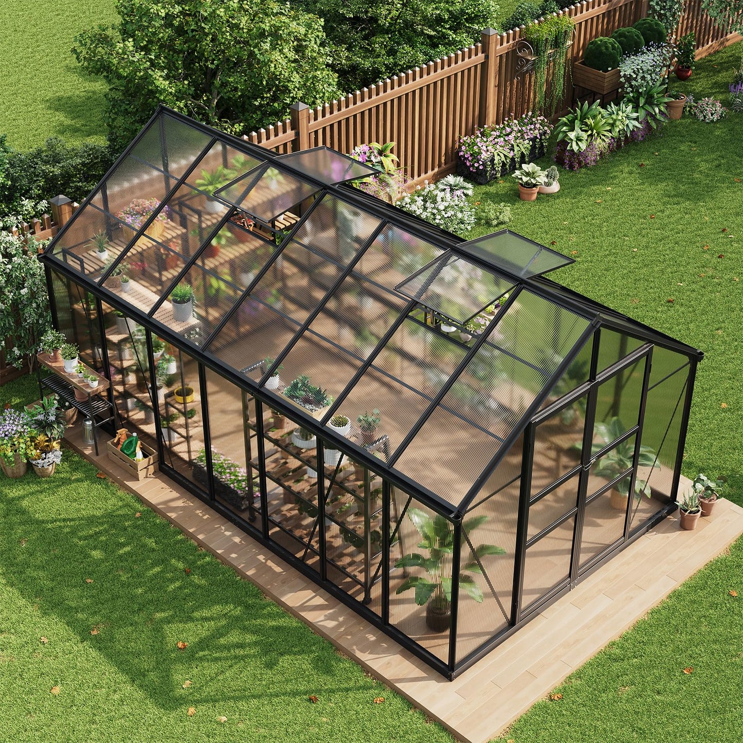Garvee 8x14 FT Greenhouse, Easy Assembly Polycarbonate Greenhouses for Outdoor with Adjustable Roof Vent, Large Aluminum Walk-in Greenhouse with Lockable Hinged Door for Patio, Backyard, Garden, Black