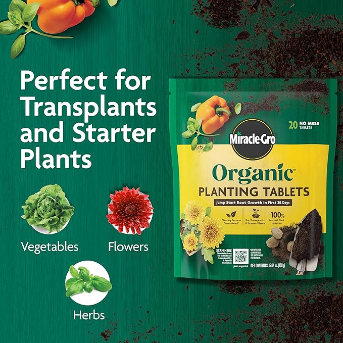Miracle-Gro Organic Planting Tablets, for Transplants and Starter Plants, Formulated with Calcium, Jump Starts Root Growth, OMRI Listed, 20 Tablets