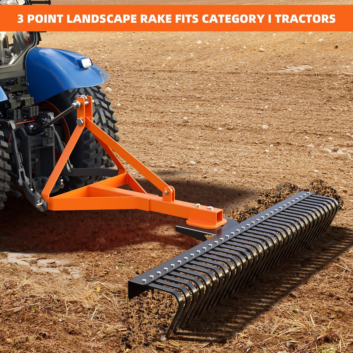COZONY 3 Point 5FT Landscape Rake, 360 Degree Rotation 60" Rock Rake Fits for Category 1 Hookup, Tow-Behind Garden Tool, Orange