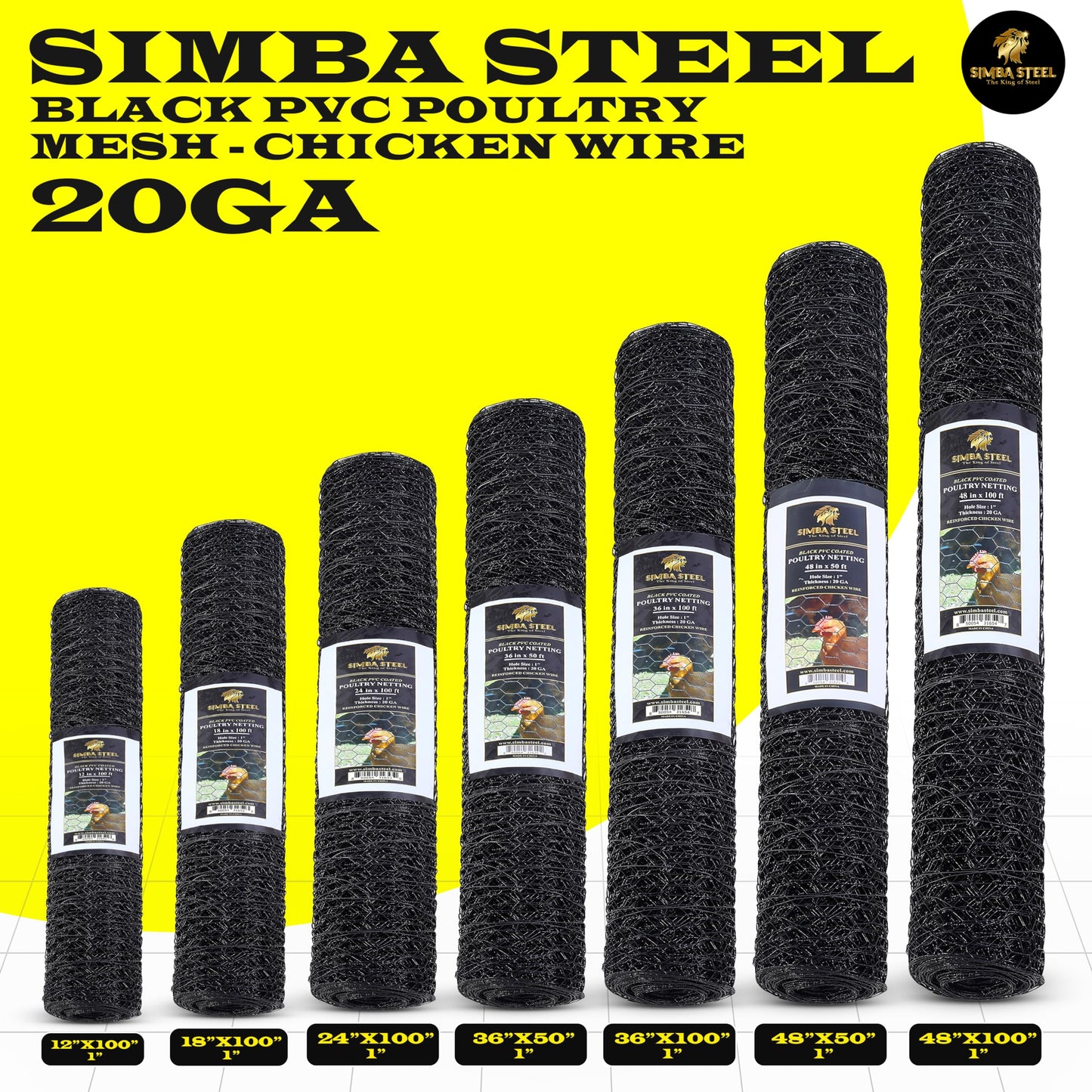 SIMBA STEEL - 12” x 100 FT PVC Hexagonal Poultry Netting Chicken Wire | 1" Mesh | 20 Gauge | Black PVC Vinyl Coated | Rust Proof | for Garden, Fence, Chicken, Rabbit (PVC 12 x 100)