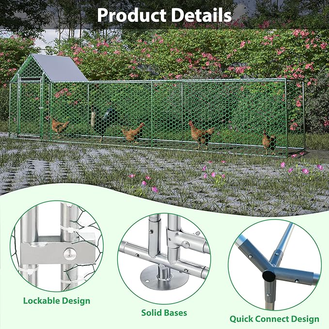 Metal Chicken Coop,16x3FT Walk-in Chicken Run,Galvanized Wire Poultry Chicken Hen Pen Cage, Rabbits Duck Cages with Waterproof and Anti-Ultraviolet Cover for Backyard and Farm