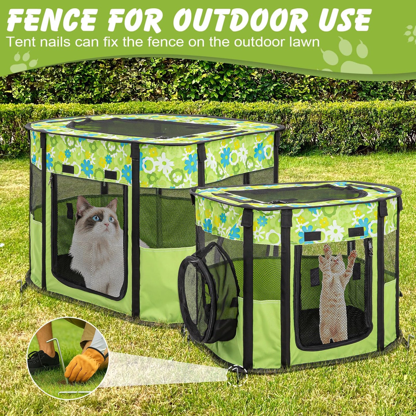 Portable Cat Playpen with Separate Areas, Foldable Indoor Outdoor Cat Enclosure, Portable Pet Tent for Kittens and Small Animals, Collapsible Tent Kennel Cage House with Tent Pegs and Carry Bag