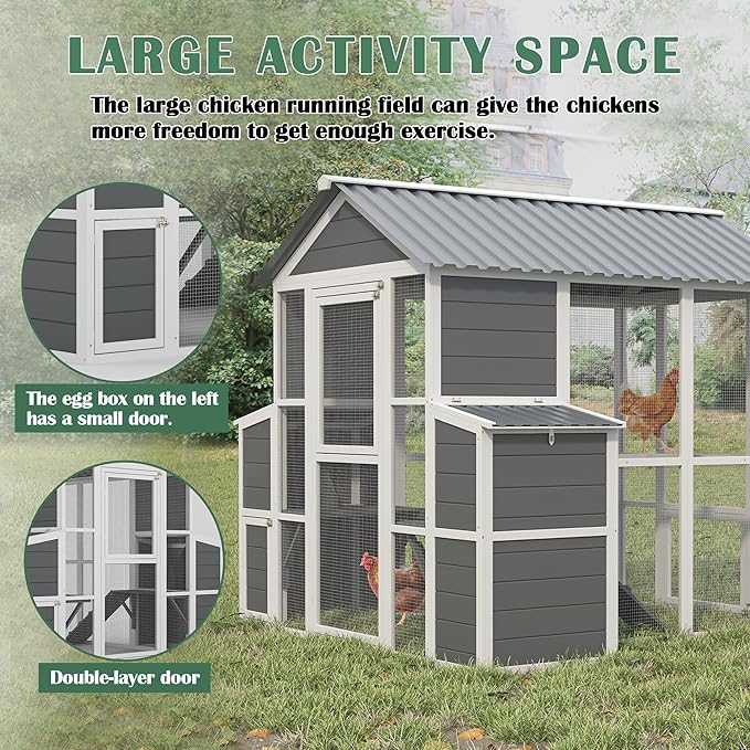 Outdoor Wooden Chicken Coop for 10 Chickens,Large Hen House Poultry Habitat Pet Hutch Run Cage with 2 Chicken Nesting Boxes,Walk in Chicken Coops Run W/Ramp and Run,Waterproof Roof,(80"×82"×69")